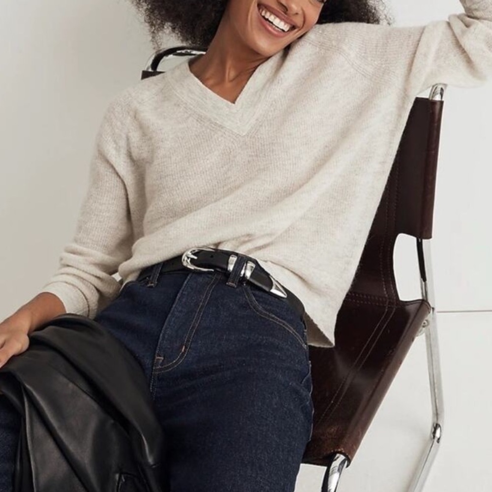 Madewell Ribbed Alpaca Blend Oversized‎ Sweater V-Neck Antique Cream Size M
